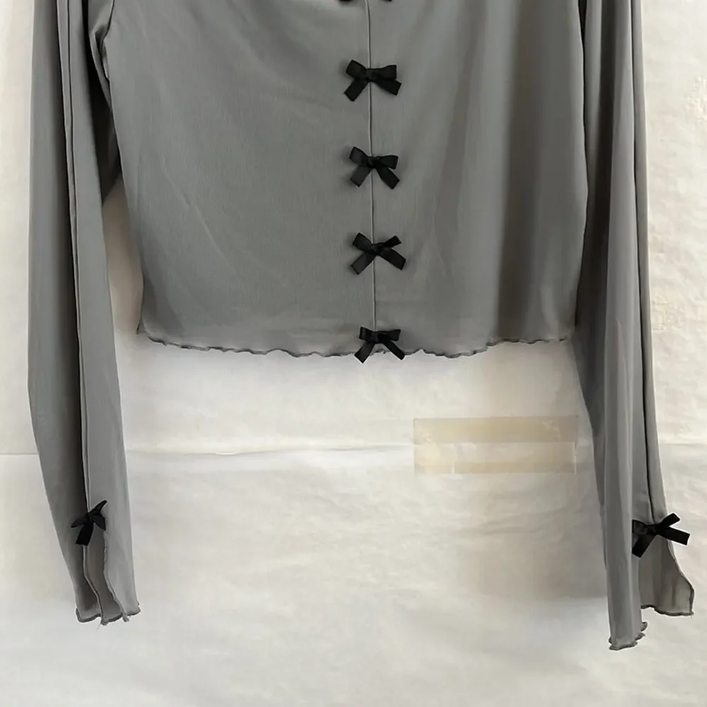 Sugar Moon Gray Mesh Bow Top XL Long Sleeve Ruffle Edge Coquette Y2K Crop - Picture 6 of 11